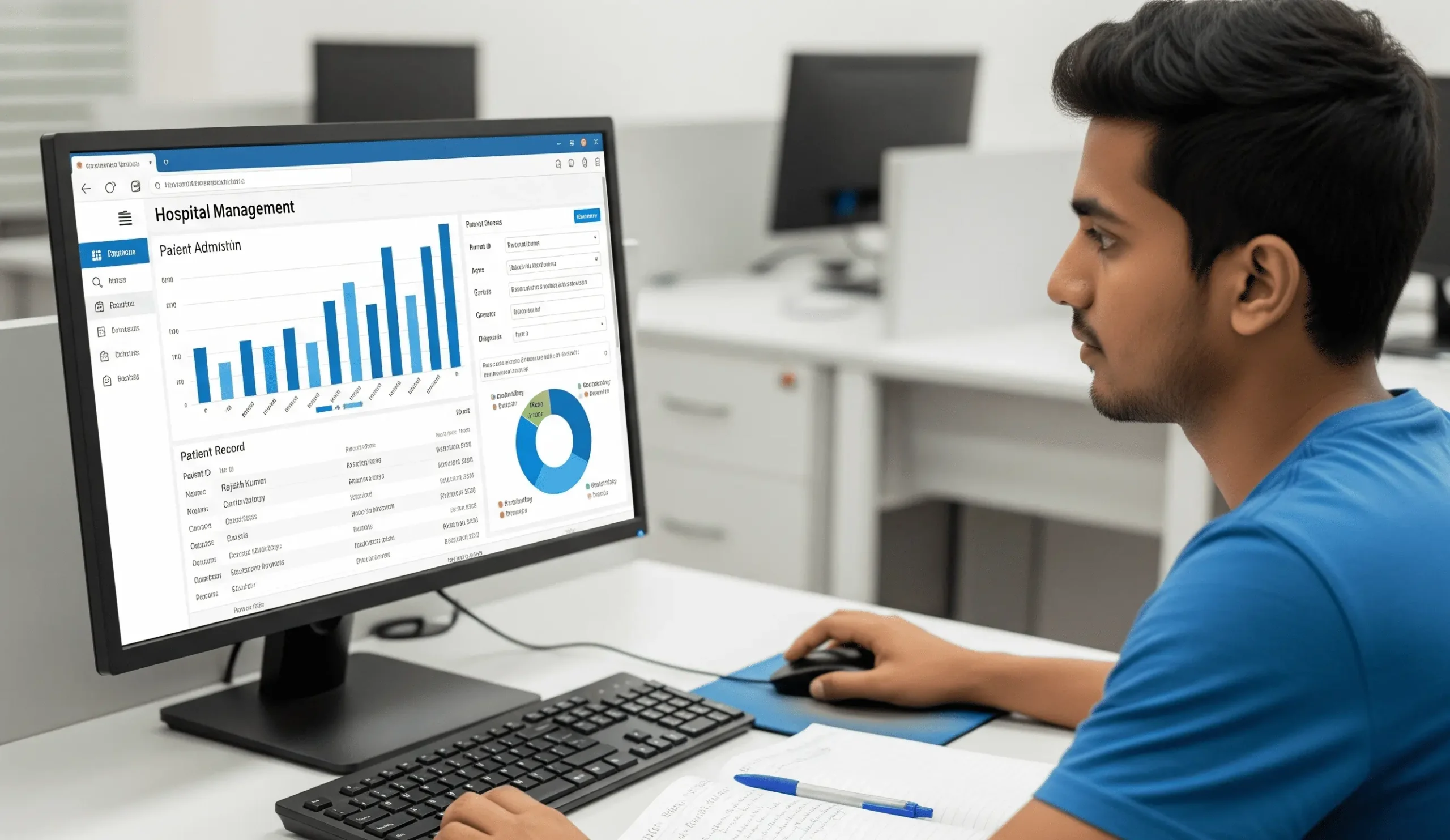 A student working on hospital management software with graphs and patient records on screen MHA student learning hospital management software and data analysis