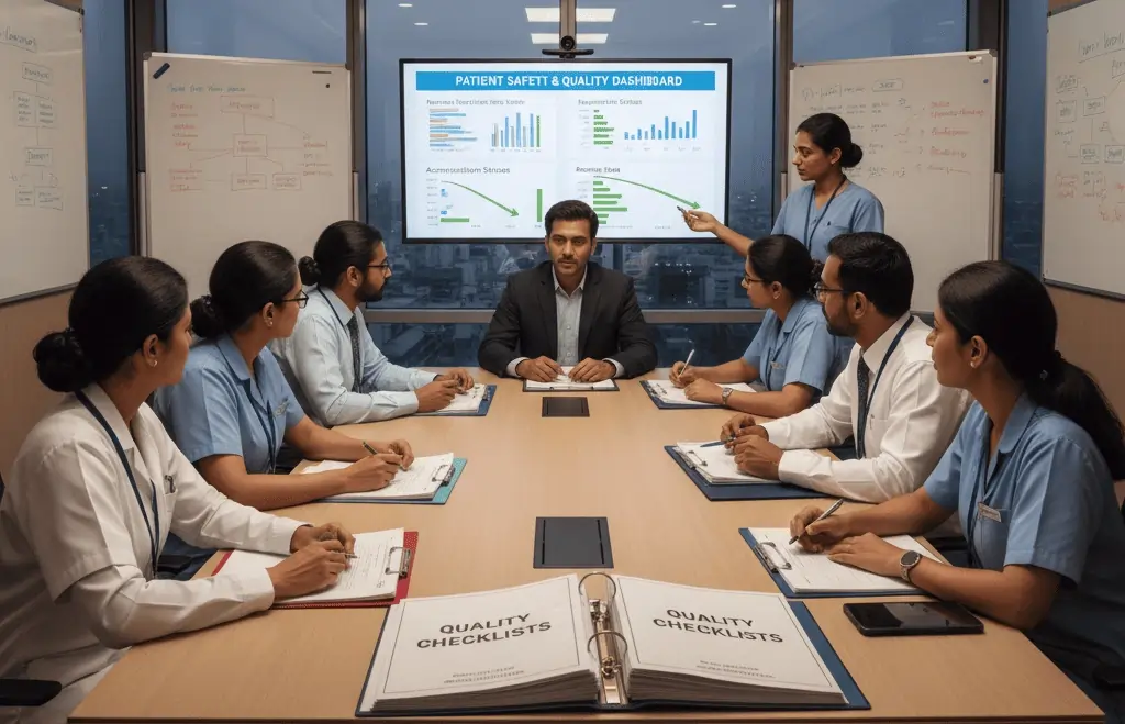 Hospital administrators discussing quality management and patient safety strategies