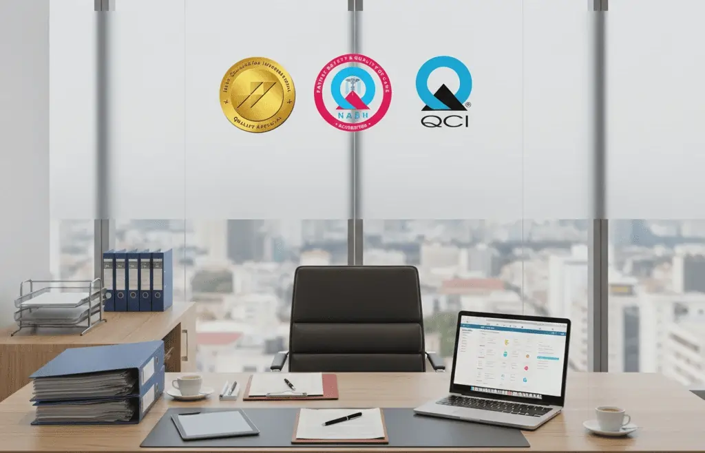 Hospital administration workspace showing JCI, NABH, and QCI accreditation logos and quality management documents.