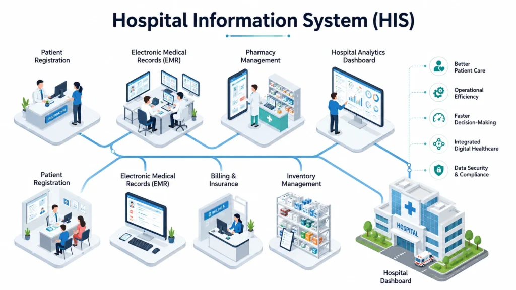 Hospital Information System infographic illustrating the digital workflow of hospital administration from patient registration to analytics Hospital Information System infographic illustrating the digital workflow of hospital administration from patient registration to analytics