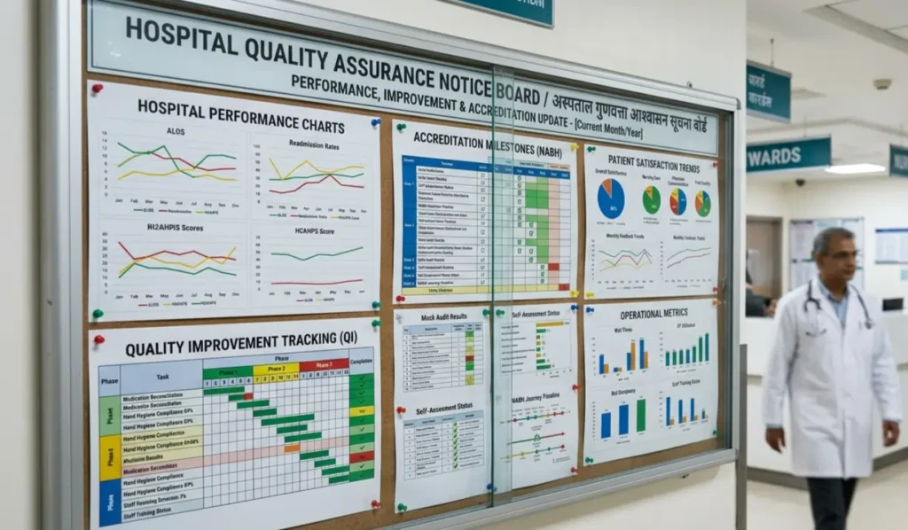 Hospital quality management board displaying key performance indicators for healthcare performance management Hospital quality management board displaying key performance indicators for healthcare performance management
