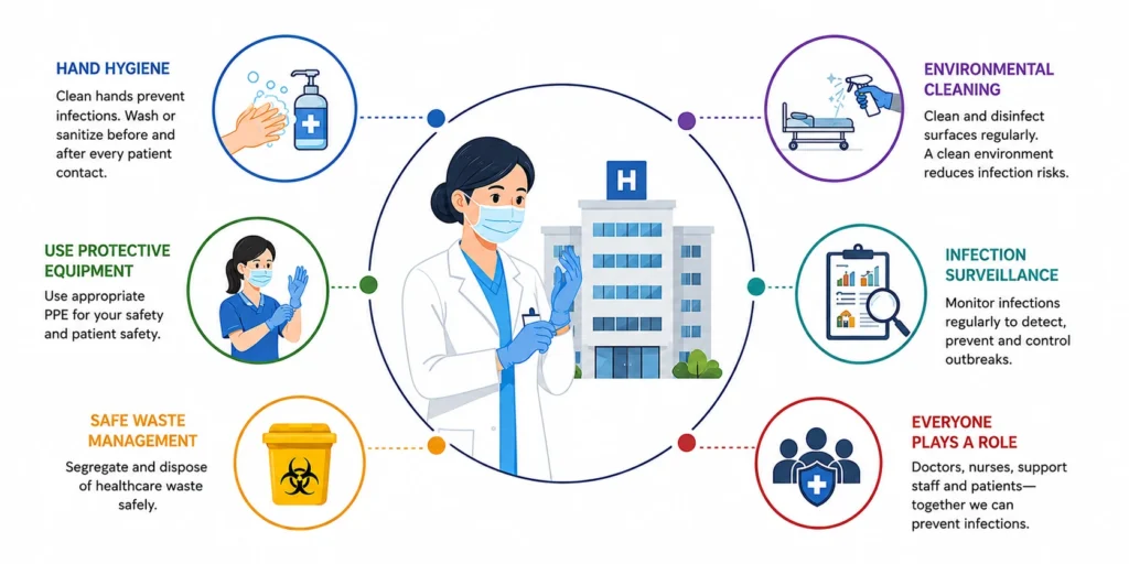 Infection prevention and control practices in hospitals Awareness infographic showing key infection prevention and control practices in hospitals