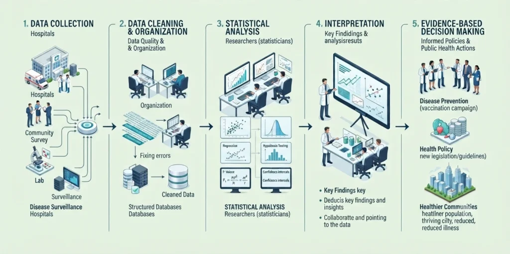 Biostatistics in Public Health infographic showing the workflow from health data collection and statistical analysis to evidence-based public health decision-making