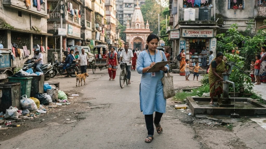 Environmental health worker assessing water, sanitation, pollution, and living conditions in an Indian community
