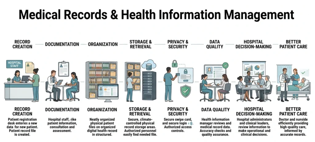 Hospital health information professional managing medical records and patient information in a hospital records department Hospital health information professional managing medical records and patient information in a hospital records department