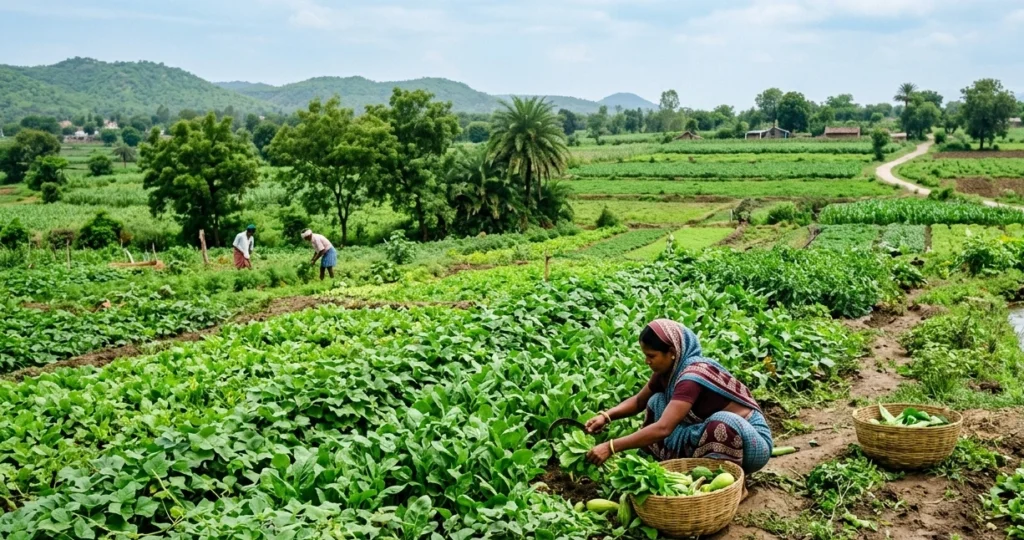 Lush green farmland with agricultural workers in a rural Indian farming environment Lush green farmland with agricultural workers in a rural Indian farming environment