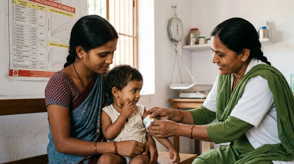Indian mother and child receiving maternal and child healthcare support from a healthcare worker